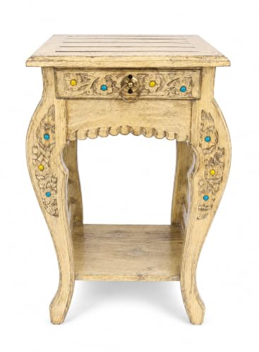 Image of Multipurpose Table Outdoor Indoor Stool Flower Vase Stool with One Drawer Material Mango Wood Size 30.5CM x 30.5CM x 53.3CM (Lite Yellow Antique)