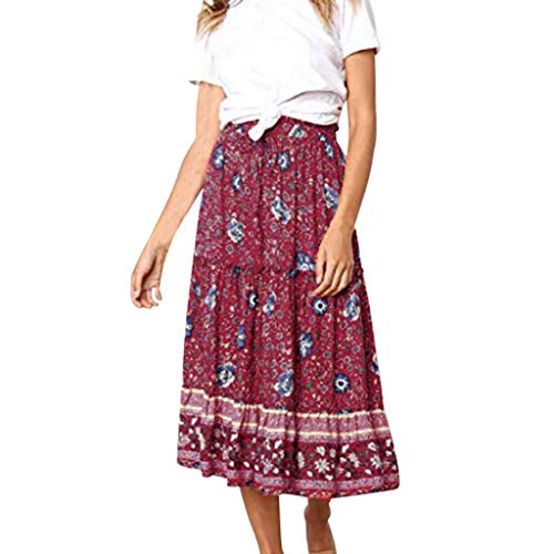 Sunnywill Women Dress, Sale! Women's Bohemian Floral Printed Elastic Waist A Line Long Maxi Skirt Womens Popular Tunic Dress Evening Party Dress Red