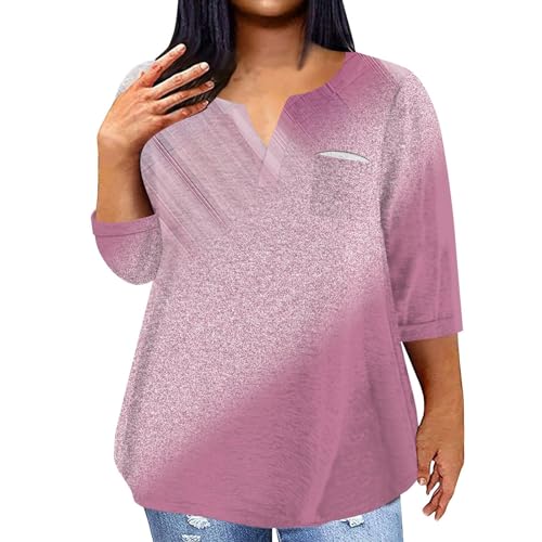 Womens Plus Size Tops Dressy Casual 3/4 Sleeve V Neck Shirts Ladies Oversized Tie Dye Gradient Blouses Loose Trendy Spring Clothes Clothing Top Blouse Shirt for Women 2024 Pink 4X-Large