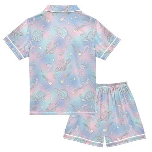 Satin Pajama Sets Short Sleeve Pastel Space Planets Stars Button Down Silky Nightwear 2 Piece PJS 5-14Y2
