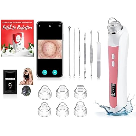SKYNERGY 3-in-1 Blackhead Remover Vacuum with Camera kit, 6 Blackhead Extractor & Probes, USB Rechargeable Blackhead Suction Remover, Pore Vacuum Tool, 3 Charcoal Masks & 144 Acne Patches, (Pink) Cover