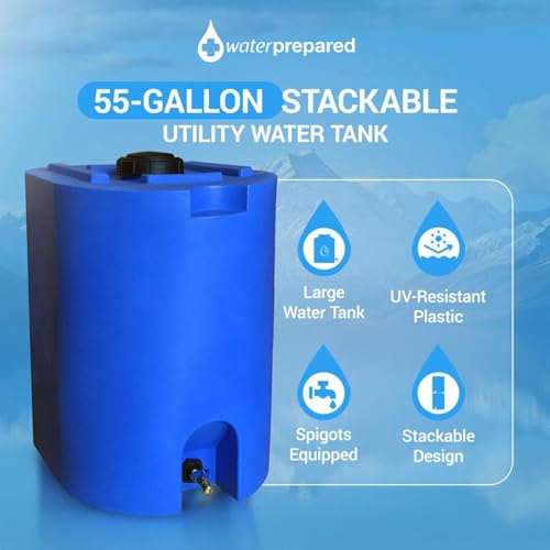 Image of WaterPrepared 55 Gallon Unique Stackable Utility Water Tank, Blue