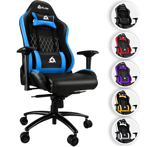 KLIM Esports Gaming Stuhl + Mit Lenden- und Nackenstütze + Verstellbar Gaming Sessel + Ergonomisch PC Stuhl + Kunstleder und Premium-Materialien + Blau Gamer Stuhl 2024 Version Gaming Chair