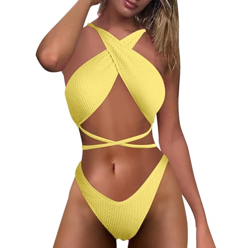 para Mujeres 2026 Bikini Negro Parte de Arriba Mujer Color 2Pack Rib Bikini Traje de Baño Split Up Bikinis Piezas Traje Baño Playa Biquinis Braga Alta Reductor (Yellow XL)