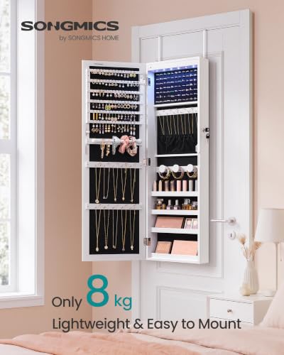 SONGMICS Jewelry Cabinet, Wall or Door Mounted Armoire with Full Length Mirror, Large Capacity Organizer, 6 LED Lights, 42.5 x 3.9 x 14.6 inch, White, BERIT Collection UJJC092W101 - Image 2