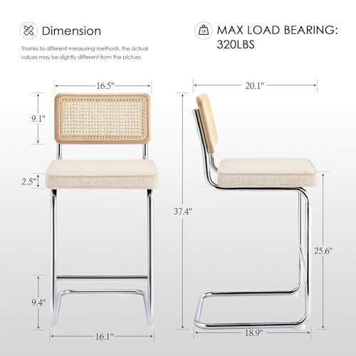 Image of Zesthouse Natural Rattan Counter Stools Set of 2, 26 inch Modern Counter Height Barstools, Thick Linen Bar Stools with Solid Wood Back, Mid Century Cantilever Bar Chairs for Kitchen Island Beige Yellowish
