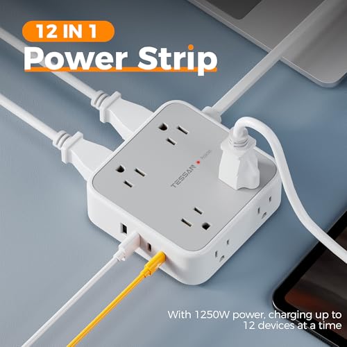 Image of TESSAN Surge Protector Power Strip, 5 Ft Flat Plug Extension Cord with 4 USB (2 USB C) 8 Outlets, 1250W, 900J Protection, 3 Sided Outlet Extender with Power Switch for Office, Dorm Room, Grey