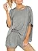 Tankaneo Schlafanzug Damen Kurz Zweiteiliger Pyjama Set Rundhals Kurzarm Sommer Nachtwäsche Locker Lässig mit Kordelzug Grau M