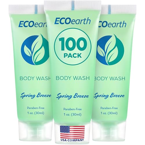 EcoEarth Travel Size Body Wash (1 fl oz 100 PK Spring Breeze) Delight Your Guests with a Revitalizing and Refreshing Hotel Body Wash Quality Mini and Small Size Guest Hotel Toiletries in Bulk