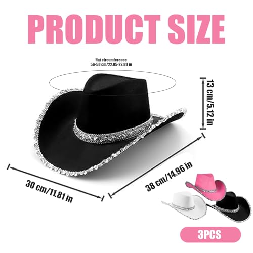Chapeau de cowboy pour femme et homme | Lot de 3 chapeaux de cowgirl avec sangle western
