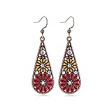GANDC Bohemian Crystal Teardrop Dangle Earrings, Copper, Tribal Geometric Design, Colorful Enamel Flower Hook, Handmade National Style for Women (Red)