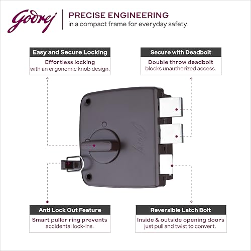 Image of Godrej Tribolt Compact 1CK LB | for Inside /Outside Opening Wooden Doors | 60mm Backset | Reversible Latch | 3 Keys | 3-Bolt Locking | Textured Brown Finish | 5 Year Warranty