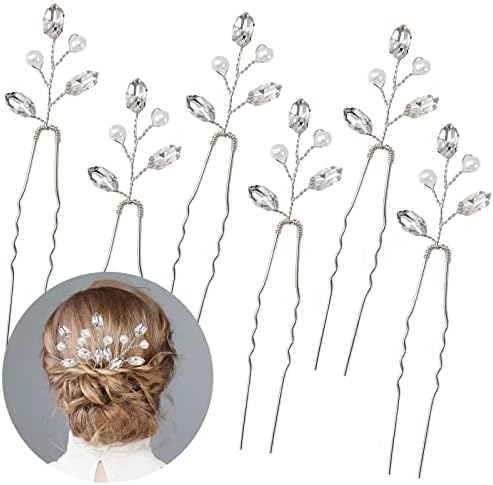 Ledeak Bridal Wedding Hair Pins, 6 Pieces Pearl Crystal Bridal Hair Pins Rhinestone Flower Wedding Hair Piece, U Shape Barrette Handmade Rhinestone Hair Accessory for Girls Bridesmaid Women (Silver)