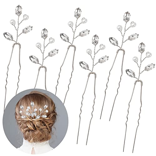 Ledeak Bridal Wedding Hair Pins, 6 Pieces Pearl Crystal Bridal Hair Pins Rhinestone Flower Wedding Hair Piece, U Shape Barrette Handmade Rhinestone Hair Accessory For Girls Bridesmaid Women (Silver) #TOP14
