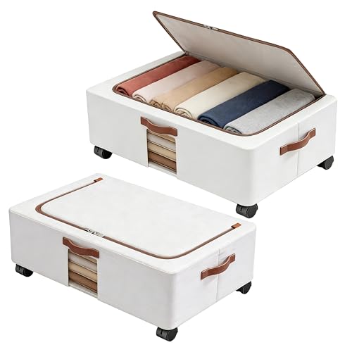 Under Bed Storage Organizer with Wheels – 2 Pack Large Foldable Underbed Drawer with Handle Side Clear Zipper Lids Waterproof Storage Bin Toy Shoe Cloth Container for Nursery Bedroom Home Dorm