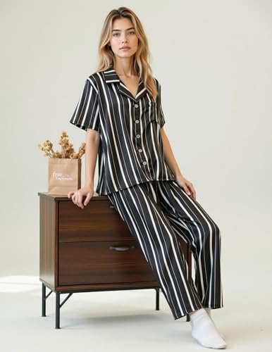 Image of UMBY Silk Satin Pajamas for Women Set 2 Piece button down Soft Silk Pjs Sets Cozy Silky Pajama Short Sleeve