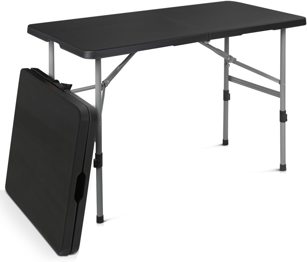 4ft Black Indoor Folding Plastic Card Table Portable Adjustable Foot Picnic Desk