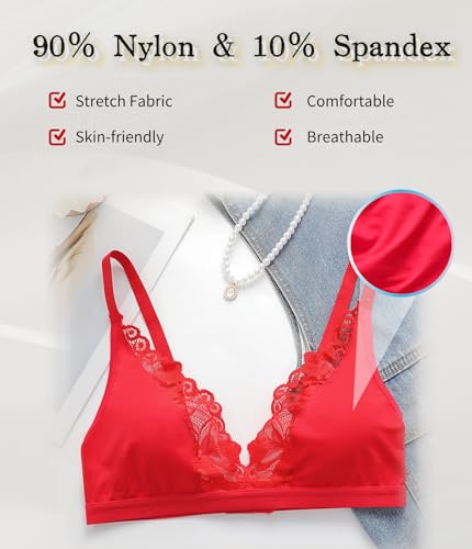changlizi Women's Floral Lace Sexy Bra - Non-Padded Soft Cup Bras Bralettes Triangle Wireless Bras Deep V Neck for Ladies Daily Wear, red-M - Image 5