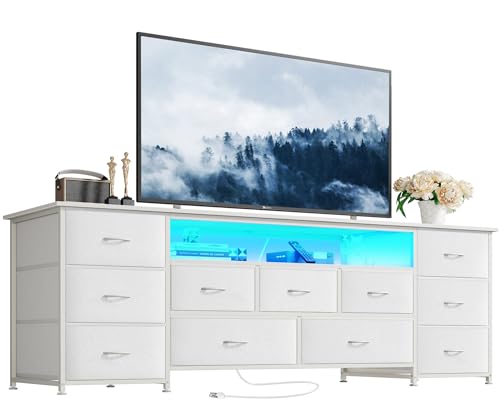 Huuger 63 Inch TV Stand for 65, 70 Inch TV, 11 Drawer Long Dresser with Power Outlets and LED Lights, Entertainment Center with Storage, White Dresser with PU Leather Surface