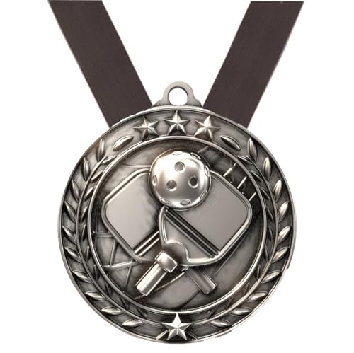 Decade Awards Wreath Pickleball Medal - Silver 2nd Place Medal w/Black Ribbon, 2.75 Inch - Custom Engraved Pickleball Award for Tournaments, Leagues, and Clubs - Customize Now (Silver-Black)