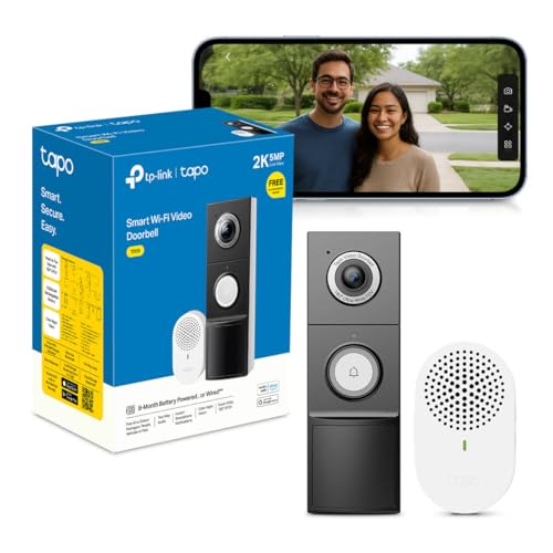 Tapo D235 Sonnette sans Fil avec Camera 2K+ 5MP, IP66 étanche, 180° Vision Ultra-Large, Vision Nocturne Couleur, Audio Bidirectionnel, Détection AI Gratuite