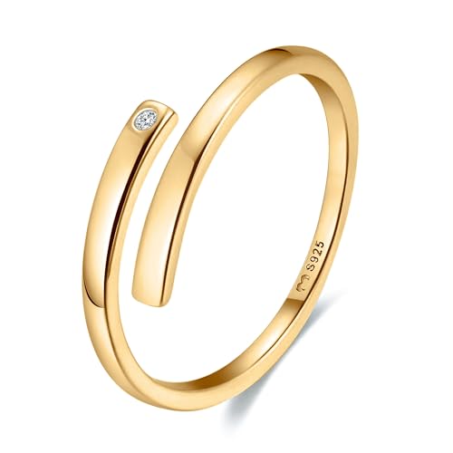 Anillos de mujer en plata de ley de aro abierto y las puntas en direcciones opuestas con una circonita brillante decorativa. Anillo plata mujer con acabado plateado o dorado. Joyería (Baño en Oro)