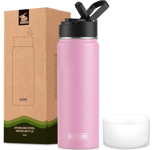 Image of koodee 22 oz Water Bottle with Straw Stainless Steel Vacuum Insulated Wide Mouth Sports Water Bottle, Girls Water Flask for School BPA Free-Pink