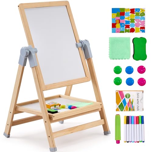 VEVOR 2 en 1 Caballete para Niños, Caballete de Madera de Doble Cara con Pizarra Magnética y Pizarrón, Tablero de Dibujo Plegable Giratorio de Pie Ajustable con Accesorios de Pntura para Niños
