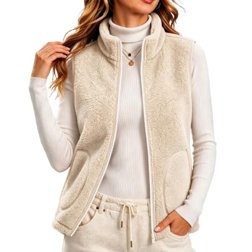 Womens Sherpa Fleece Vest Zip Front Stand Collar Pockets Casual Fall Layer - image 1