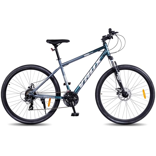 Image of Vaux City-Pro Hybrid Cycle for Men with Gears|21 Speed Shimano Gears| 19 Inch HI-Ten Steel Frame| Dual Disc Brakes| 700x35C Tyres|Double-Wall Alloy Rims (Grey-Blue, Multispeed, Suspension Fork)