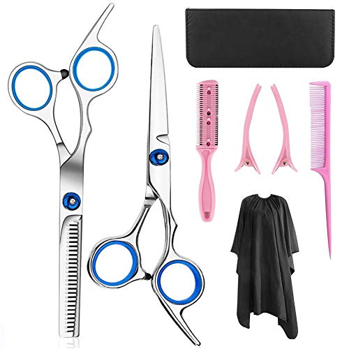 Hair Cutting Scissors Set 8 Pack Hairdressing Shears Kit Stainless Steel 6inch Thinning Straight Scissors with Cape Clips Comb for Barber Salon Home Use Blue Color
