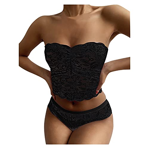 Seaintheson Lingerie for Women Sexy Strapless Wrapped Chest Nightwear Sexy Lace Lingerie Set Push Up Underwear Set Black