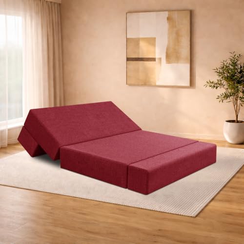 Image of 3-Seater Convertible Floor Sofa Bed with Adjustable Backrest, Modern Velvet Fabric Folding Couch for Living Room, Guest Room & Small Spaces-Rose Pink