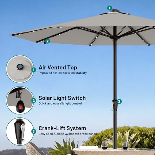 Image of AreShark 11FT Large Patio Umbrella with Solar Lights, Lighted Solar Umbrella with Crank, Outdoor Table Market Umbrellas for Garden, Deck, Backyard, Pool and Beach, Light Gray