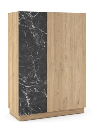 PEGANE Buffet, Meuble de Rangement Aspect Bois avec 2 Portes Coloris Naturel et Effet marbre Noir - Longueur 90 x Profondeur 41,8 x Hauteur 127 cm