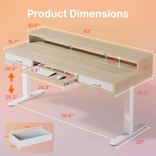 Image of HUANUO 63″ x 26″ Electric Standing Desk with 2 Drawers &24.4″ Large Keyboard Tray, C-Clamp Mount Compatible, Adjustable Computer Desk for Office, Sit Stand Up Desk with 4 Height Presets, Light Walnut