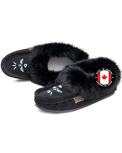 Pantoufles femme mocassins en cuir fourrure et semelle caoutchouc