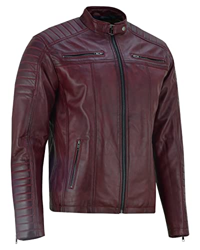 Vance The Leather Company Veste en cuir véritable pour homme style motard en 100% cuir d'agneau, rouge foncé, L