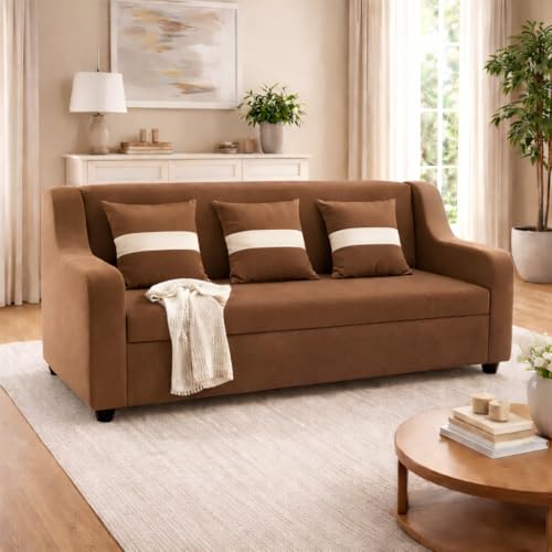 Image of KENDALWOOD Furniture 3 Seater Fabric Curve Handle Sofa for Living Room Furniture | 3 Seater Sofa for Home & Office | Fabric Color:- Brown