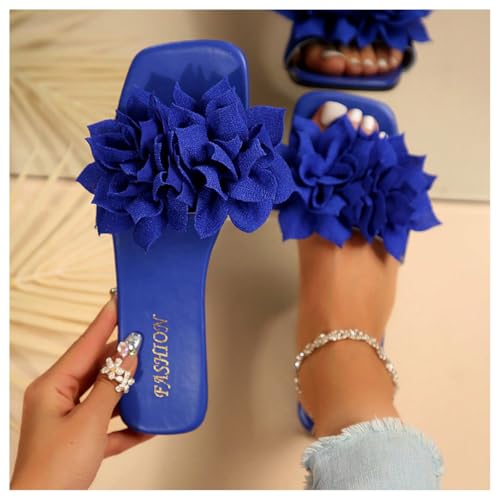 Women's 3D Floral Flat Sandals Dressy Square Open Toe Sandals Single Band Casual Slip on Slides4