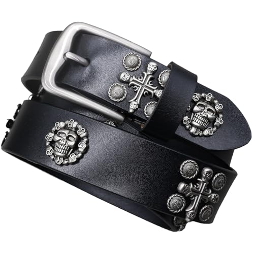 Ceinture punk en cuir clouté de 3.8cm avec croix et crâne pour jean