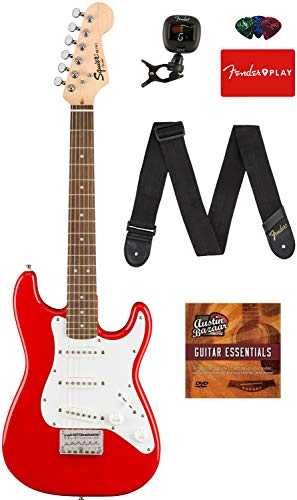 Fender Squier 3/4 Size Kids Mini Strat Electric Guitar - Red Bundle with Tuner, Strap, Picks, Fender Play Online Lessons, and Austin Bazaar Instructional DVD