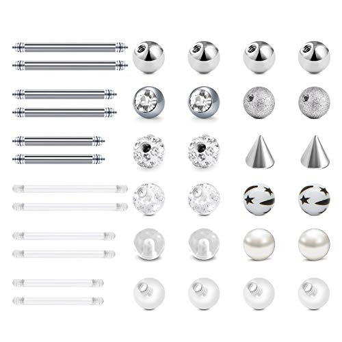 LAURITAMI 24pcs Replacement Piercing Balls Surgical Steel & Acrylic 5mm 14G Tongue Belly Piercing Nipple Bars Barbell Body Jewellery