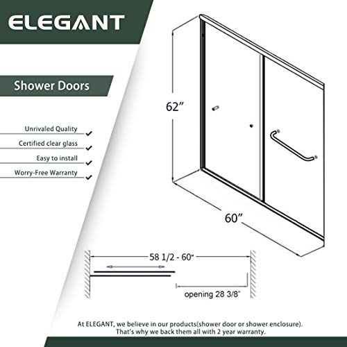 ELEGANT 58.5-60 in. W x 57 3/8 in. H Bypass Sliding Bathtub Glass Doors, Semi-Frameless Shower Door with 1/4 in. Clear Tempered Glass, Chrome Finish