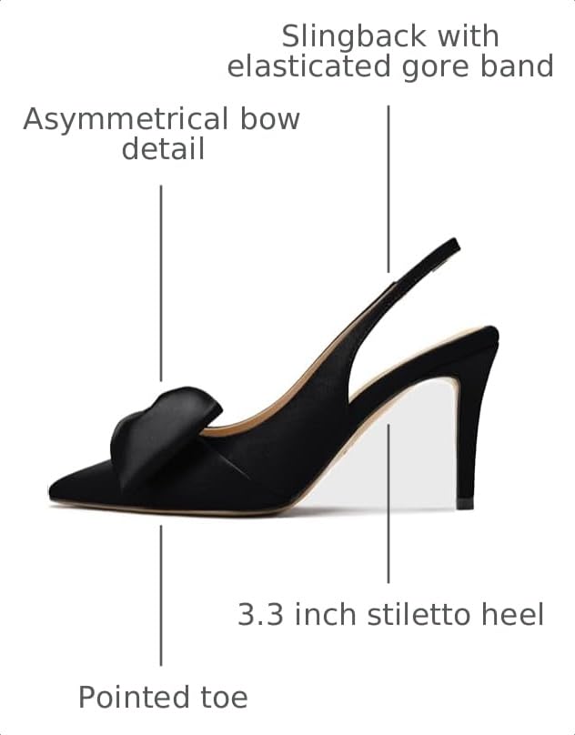 Image of Women's Slingback Heels with Bow Pointed Toe Pumps with Elasticated Strap 3.3 inch High Heels for Evening Dress Shoes