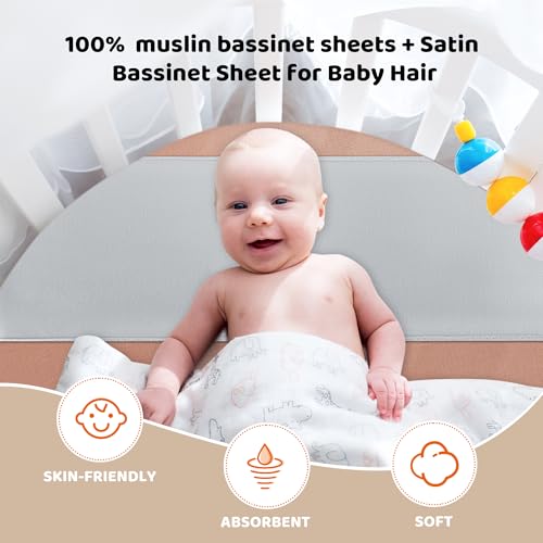 Image of HOMBYS Muslin Fitted Crib Mattress Sheets with Satin Bassinet Sheet for Baby Hair,100% Cotton Deep Pocket Toddler Bed Sheets with Silky Soft Bassinet Slip,Baby Hair Care 3 Packs,33x17 in