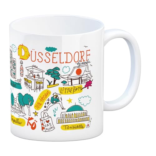 Düsseldorf Wimmelbild Kaffeebecher Städtemotiv Tasse, lustiger Becher für Büro und Zuhause NRW Andenken Souvenir