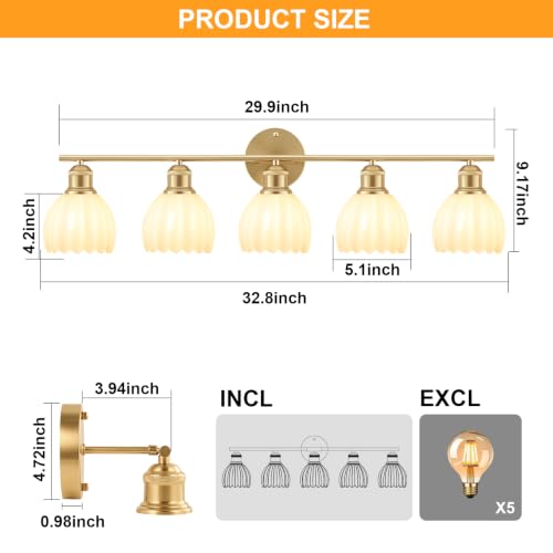Image of Bathroom Light Fixtures, 5-Light Brushed Gold Vanity Lights for Bathroom with White Tulip Glass Shade, 30 inch Vintage Bathroom Vanity Lighting Fixtures Over Mirror for Bedroom Living Room Hallway