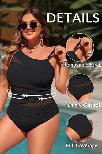 Aqua Eve Plus Size One Piece Swimsuit for Women Tummy Control Bathing Suits One Shoulder Swimwear Black Mesh 18W - Thumbnail 4