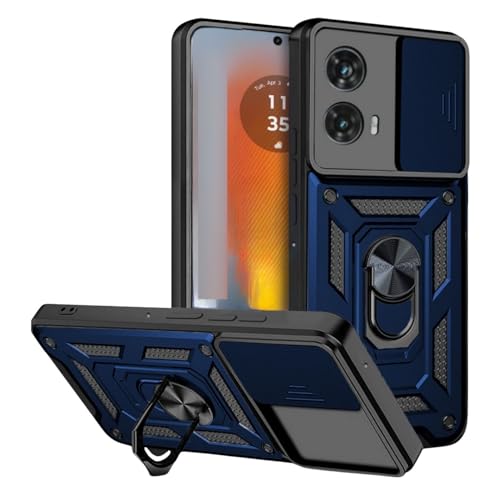 Image of SPAZY CASE Moto G96 Back Cover | Heavy Duty Hybrid Case with 360 Degree Rotating Finger Ring Holder + Slider Shutter Camera Protection Case for Moto G96 - Blue